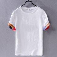 Mens Casual Linen Short-Sleeved T-Shirt White Round Neck