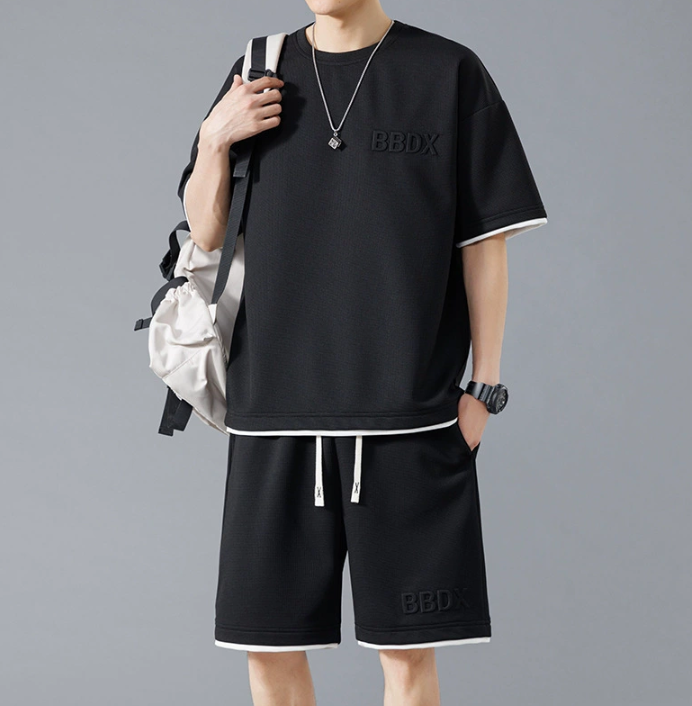 Men's Summer Sports Suit Ice Silk Quick-Drying Short-Sleeve Plus Size Casual Loose Fit Trendy - Color Black