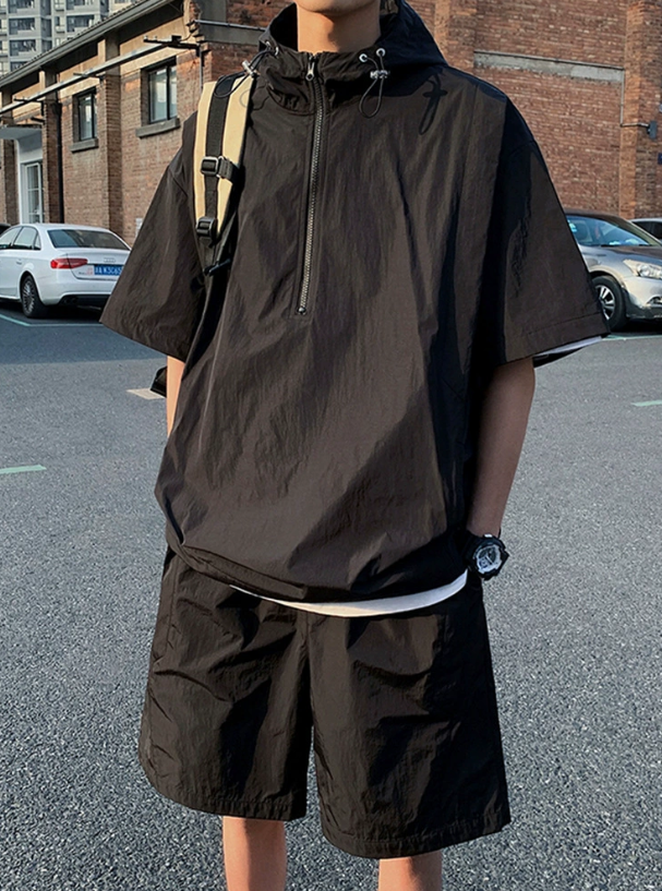 New Summer Workwear Trendy Casual Sports Suit for Men - Cooling Half-Zip Hooded Versatile Quick-Drying Short-Sleeve and Shorts