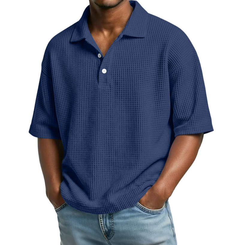Summer Hot Selling Men's Polo Shirt Solid Color Casual T-Shirt Sporty Loose Waffle Knit Short Sleeve - Color Blue