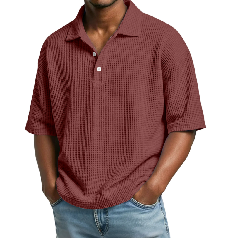 Summer Hot Selling Men's Polo Shirt Solid Color Casual T-Shirt Sporty Loose Waffle Knit Short Sleeve - Wine Red