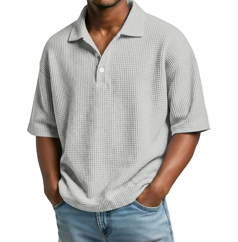 Summer Hot Selling Men's Polo Shirt Solid Color Casual T-Shirt Sporty Loose Waffle Knit Short Sleeve - Color White