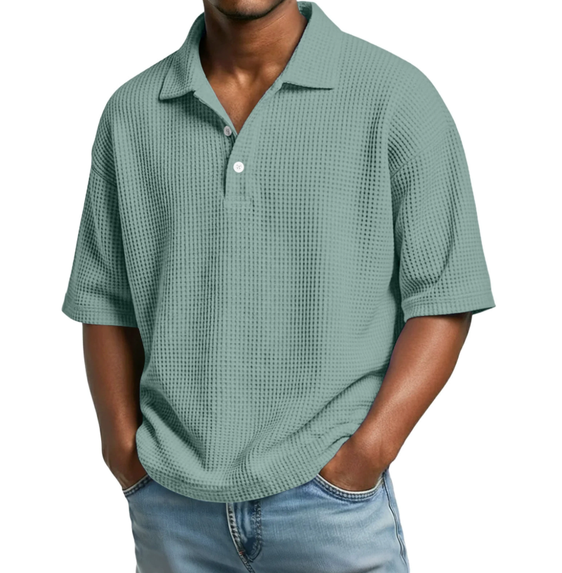 Summer Hot Selling Men's Polo Shirt Solid Color Casual T-Shirt Sporty Loose Waffle Knit Short Sleeve - Color Green