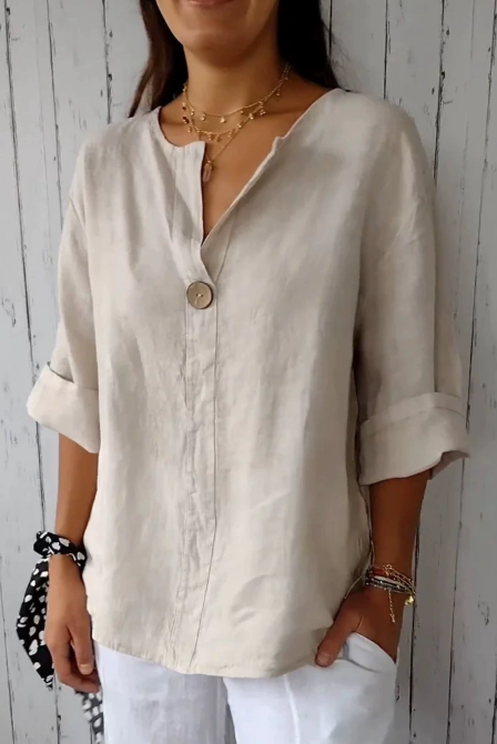 Summer New European and American Style Women's V-neck Cotton Linen Button-up Top Loose Casual T-shirt - Apricot
