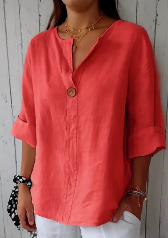 Summer New European and American Style Women's V-neck Cotton Linen Button-up Top Loose Casual T-shirt - Red