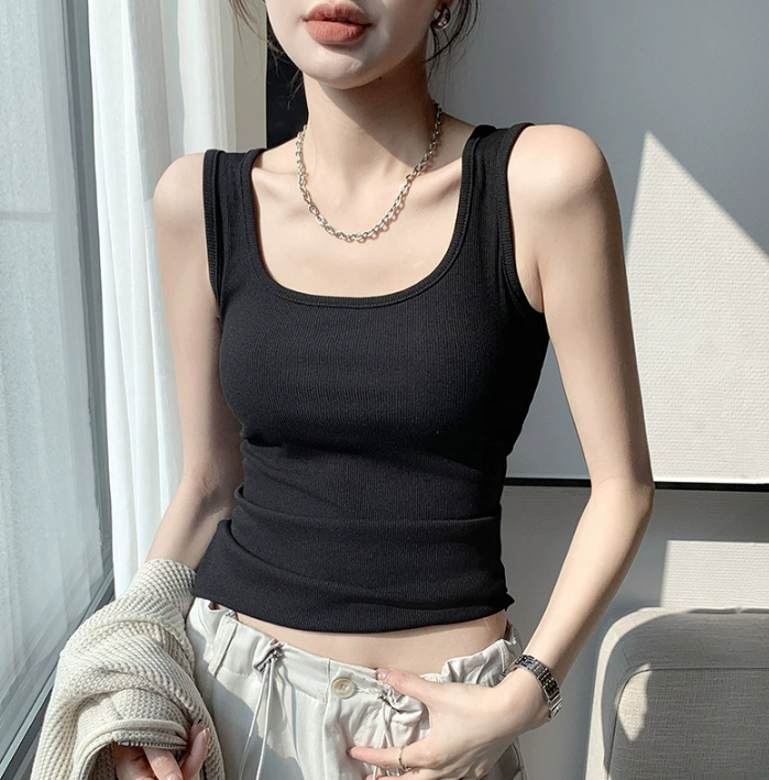 New summer women's wide-shoulder vest base layer inner tank top - Black
