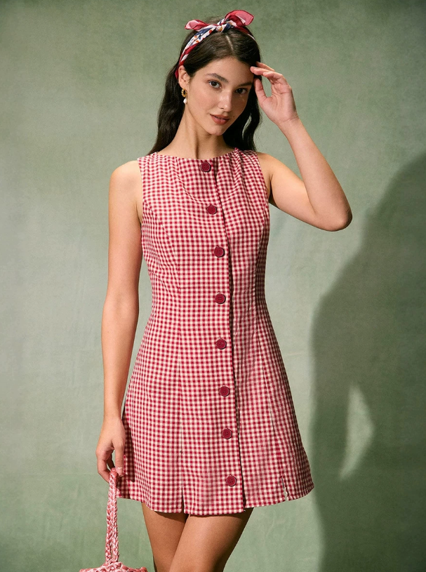 New summer French retro plaid sleeveless round neck women's dress